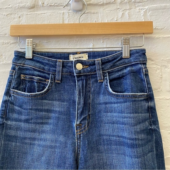 L'AGENCE || Audrina High Rise Straight Distressed Destructed Jeans Blue 25 - Picture 2 of 8